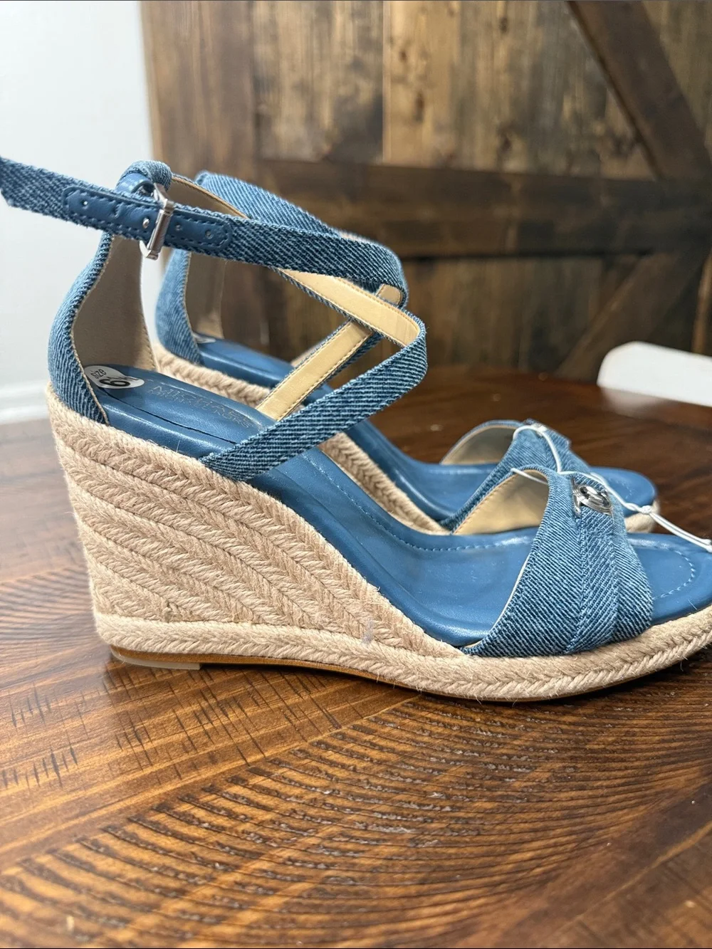 Michael Kors Mandy Denim Blue Espadrille Wedge Sandals with Ankle Wrap
